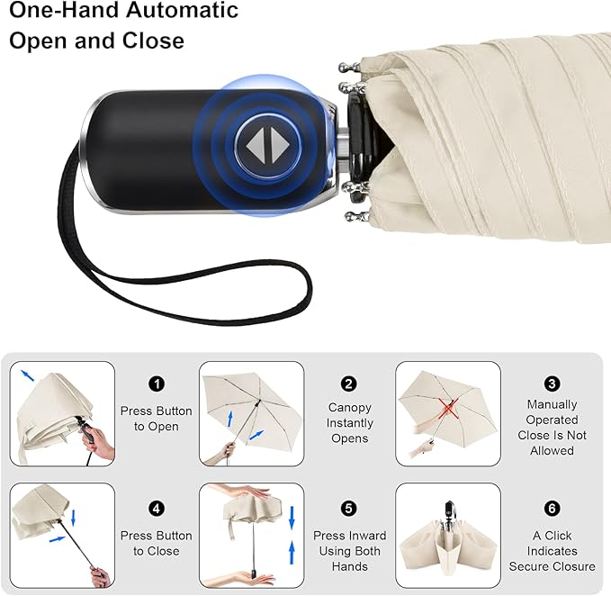 LEAGERA Compact Travel Umbrella for Purse - Flat Handle, Waterproof for Light Rain