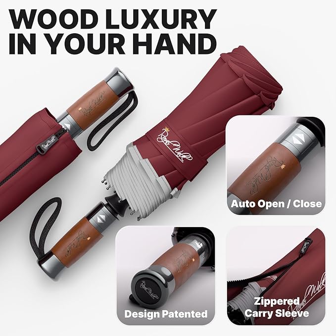 Royal Walk Windproof Folding Travel Umbrella Compact and Strong Luxurious Real Wood Handle Automatic Open Close Vented Double Canopy for Men and Women
