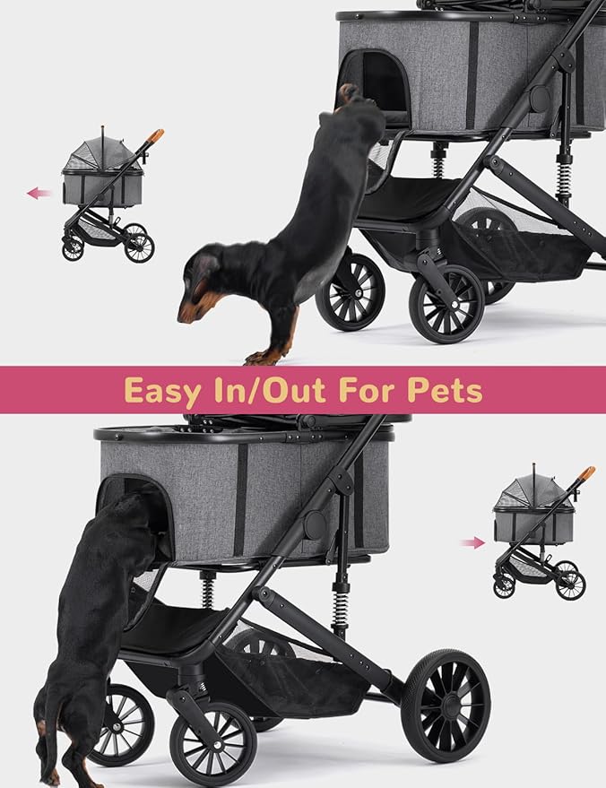 Dog Stroller for Small Medium Dogs Up to 60lbs, 4 Wheels Folding Pet Stroller with Detachable Carrier, Pet Travel Carrier for 2 Dogs & Cats, Storage Basket, Breathable, Grey