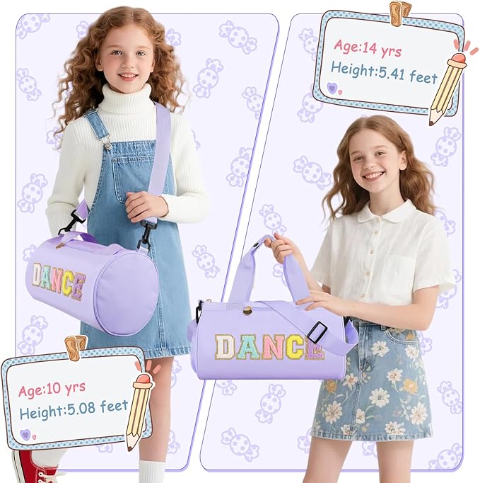 Dance Ballet Duffel Bag for Girls, Personalized Sport Gym Workout Toddler Duffel Bag Cheer Dance Bags, Cute Chenille Letter Waterproof Duffle Bags Gifts for Teens Girl Dancers Athletes(Purple)