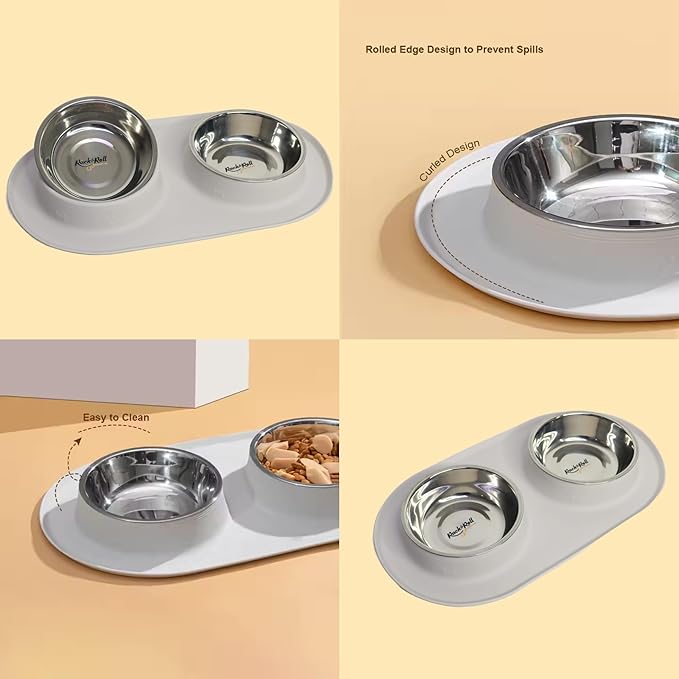 Dual Stainless Steel Pet Bowls with Non-Slip Silicone Mat – Spill-Proof Food and Water Feeder for Dogs & Cats, Easy to Clean, BPA-Free, Durable and Lightweight