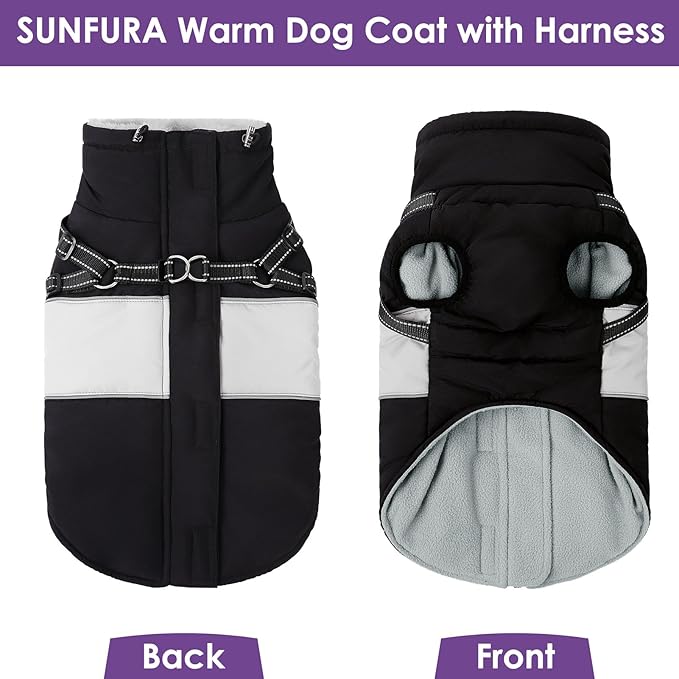 SUNFURA Dog Coat for Large Dogs, Warm Pet Jacket Winter with Harness Built in, Waterproof Pet Snow Jacket with Furry Collar, Reflective Fleece Snowsuit for Extra Large Dogs, Black XL