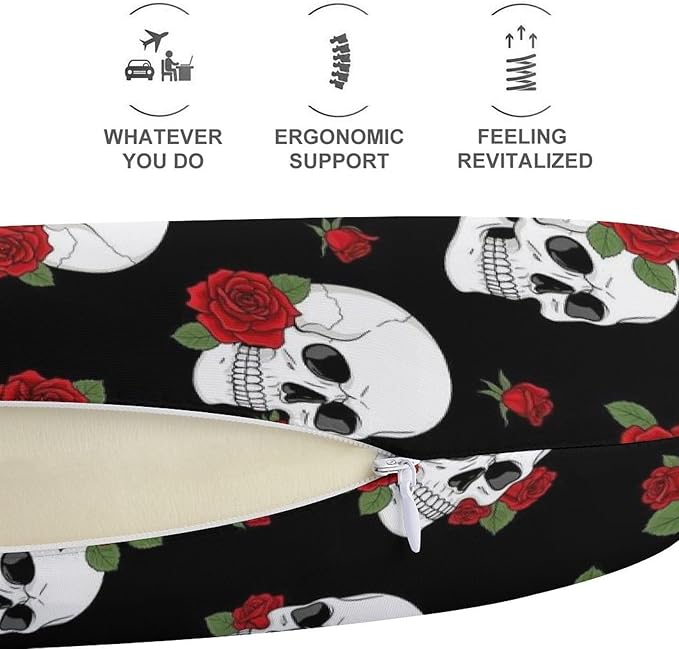 Lightweight Travel Neck Pillow Halloween Red Rose Skull Memory Foam U Shaped Cushion, Washable Removable Cover for Airplane Car Outdoor Rest