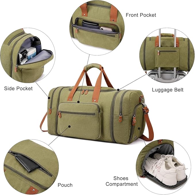 Duffle Bag for Travel, 40L Canvas Travel Duffel Bag With Shoe Compartment And Toiletry Bag, Overnight Weekender Carry On Luggage Bag for Men & Women (Green)
