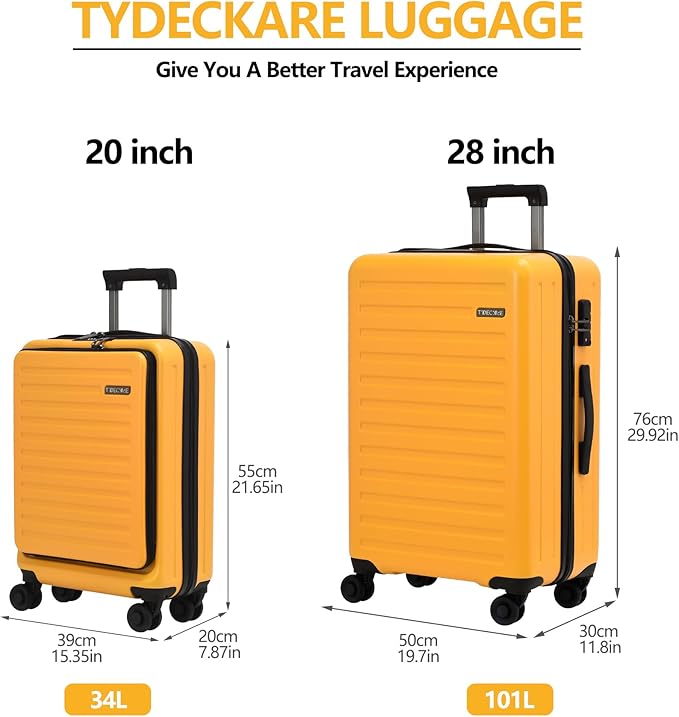 TydeCkare 2pcs 20/28" Luggage Set Lightweight HardShell, Only 20 Inch Carry On 21.65 * 15.35 * 7.87" Cabin Suitcase with Front Pocket, 28 Inch 19.68 * 11.81 * 29.92" Checked Luggage, Orange