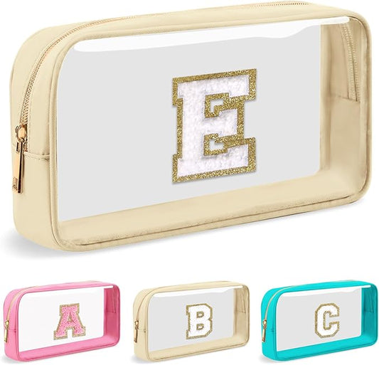 Personalized Initial Letter Clear Makeup Bag,Small Nylon&PVC Cosmetic Zipper Bag with Chenille Letter,Portable Beach Travel Skincare Toiletry Bag,Trendy Monogram Gift for Teen Girls Women,E