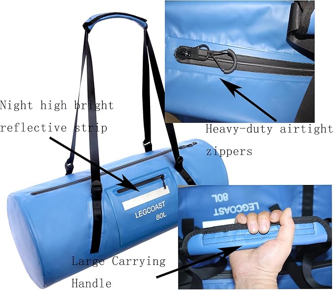 Waterproof Duffel Bag， IPX8 Waterproof Performance Dry Bag， Airtight Zipper Closure， Waterproof bag with diving function，80L large capacity, Large