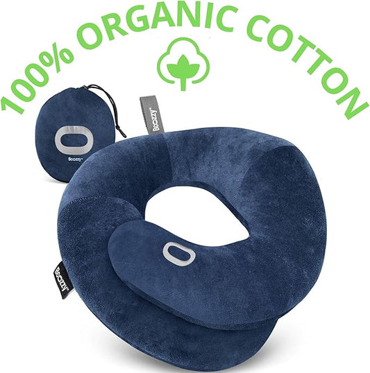 BCOZZY Organic Cotton Double Support Neck Pillow for Travel - 3 Ergonomic Positions for Head, Neck, and Chin Comfort - Ideal for Sleeping Upright on Flights, Cars, and at Home – X-Large, Navy