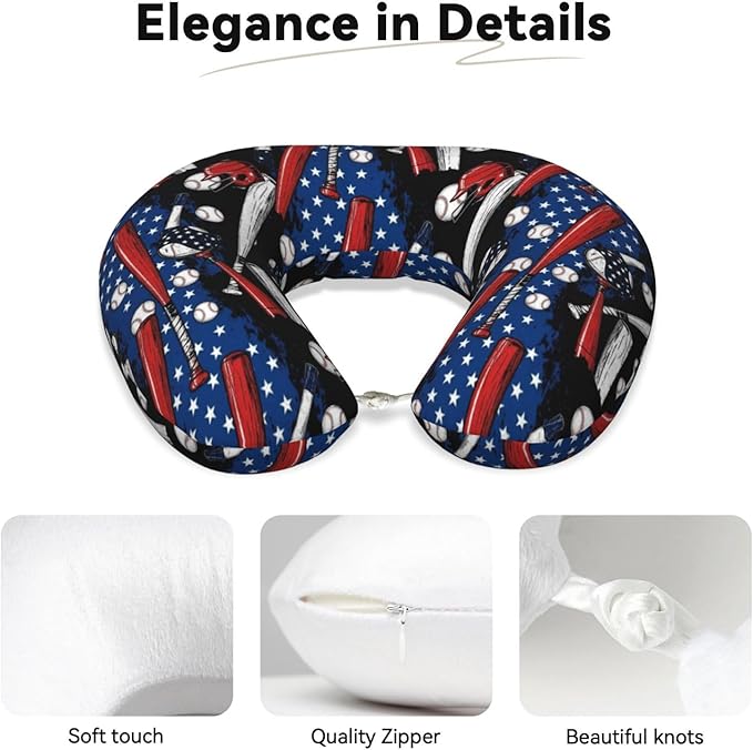 Neck Travel Pillow, Breathable Memory Foam Chin & Head Support Cushion Patriotic USA Retro American Flag Baseball Print Art for Airplane Car Sleeping Rest