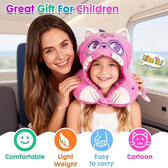 Travel Neck Pillow with Hood for Kids Adult Cute Soft Plush Memory Foam Airplane Neck Pillow for Traveling Animal Flight Pillow Head Rest Neck Support for Cars Long Flights
