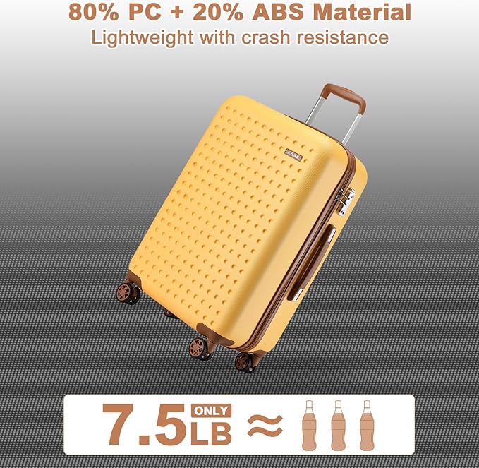 Kono 24 Inch Luggage Medium checked Lightweight Hardside Suitcase with Spinner Wheels & Built-in TSA Lock, Yellow