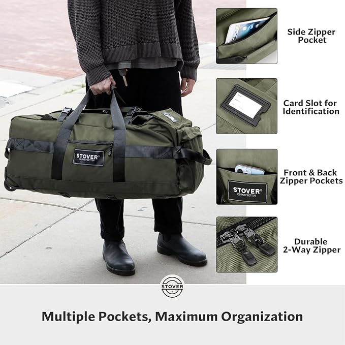 STOVER 100L Rolling Duffel Bag with Wheels, X-Large Durable Travel Duffle + Toiletry Bag, Heavy Duty, Packable with Shoulder Straps- Use as Luggage or Backpack, Men/Women (Green)