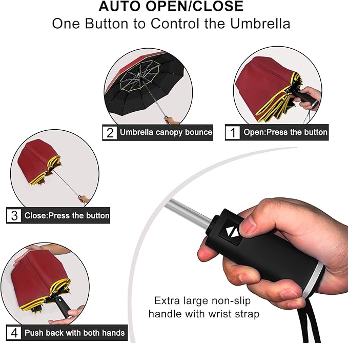 Satol Extra Large Golf Umbrella, 46/54/62 Inch Windproof 10 Ribs Vented Double Canopy Reflective Strips Automatic Open/Close Waterproof UV Protection Portable Compact Umbrella for Outdoor & Travel