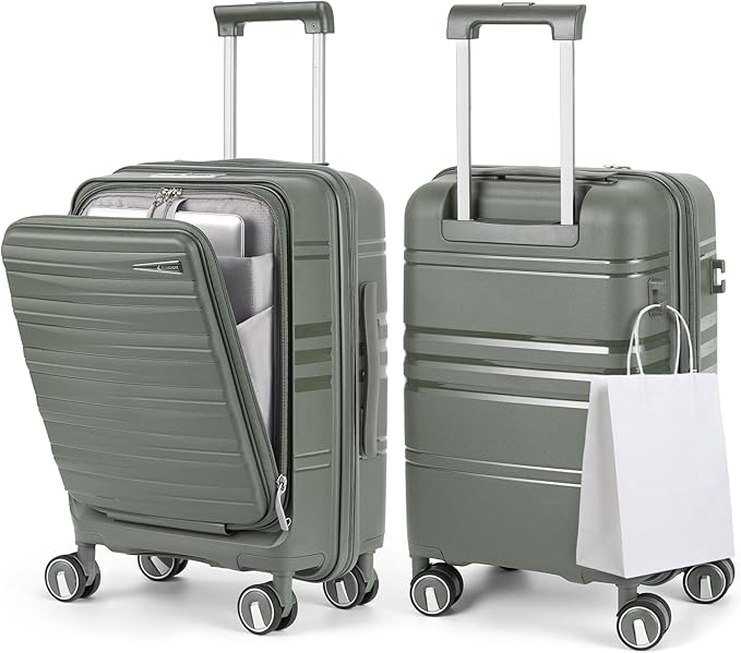 RAINSMORE Expandable Carry on Luggage 20 Inch, Airline Approved Carry on Suitcase with Front Pocket&Laptop Compartment, Hardshell Rolling Travel Luggage with Spinner Wheels,Sage Green