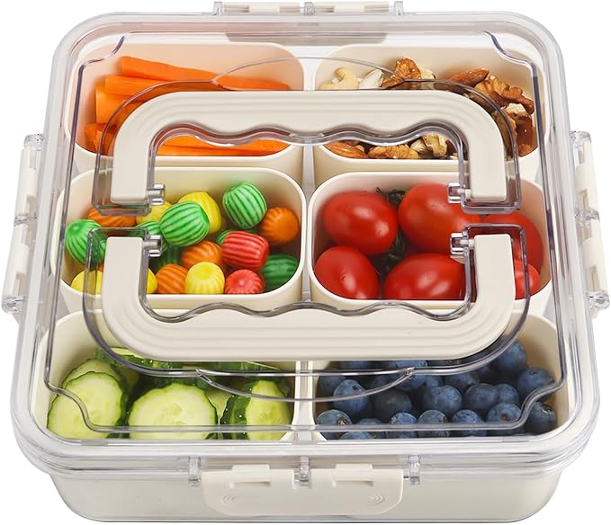 SMALL Divided Serving Tray with Lid and Handle, Portable Snack Box Container, 6 Compartments Veggie Fruit Snackle Tray,Charcuterie Box Container for Party, Travel, Entertaining,Picnic, SMALL SIZE