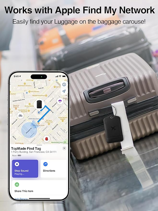 TopMade Smart Luggage Tag with Apple Find My, Premium Leather Luggage Tags for Suitcase, Travel Bags, Backpacks, Anti-Lost Suitcase Tag Tracker for Travel with Privacy Name Card, Rechargeable