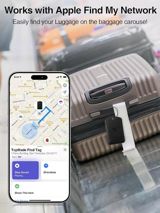 TopMade Smart Luggage Tag with Apple Find My, Premium Leather Luggage Tags for Suitcase, Travel Bags, Backpacks, Anti-Lost Suitcase Tag Tracker for Travel with Privacy Name Card, Rechargeable
