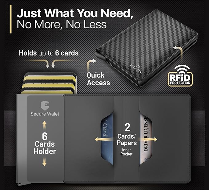 GRATIA Slim Wallet for Men - RFID Blocking, Minimalist Credit Card Holder, Stylish Men Wallet for Security & Convenience, Front & Back Pocket Cardholder, Holds 8 Cards (Carbon)