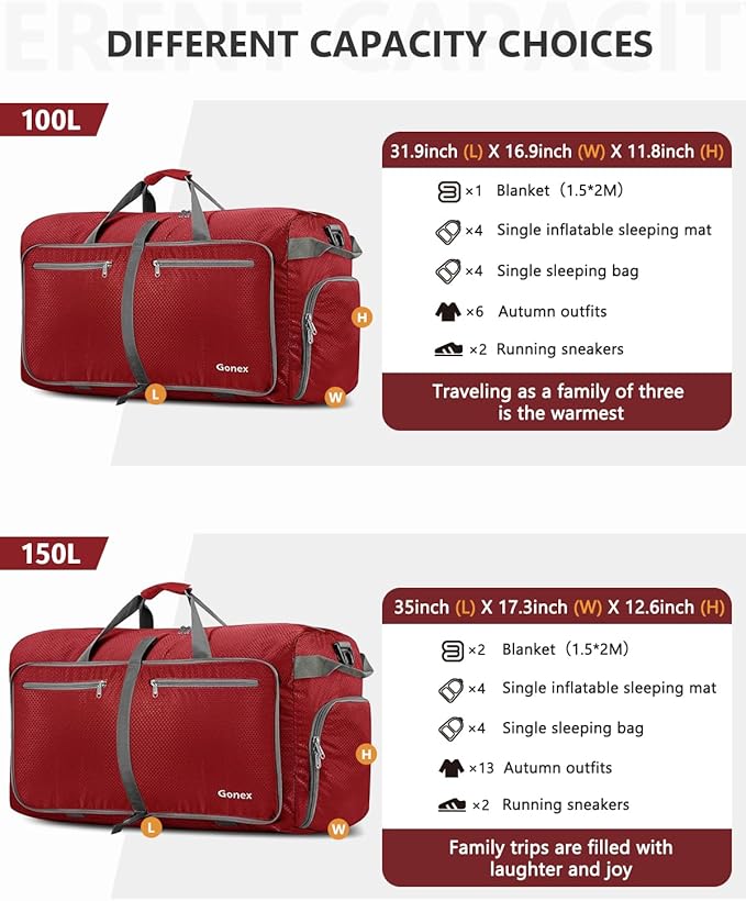 Gonex 40L 60L 80L 100L 150L Large Foldable Travel Duffle Bag with Shoes Compartment, Packable Lightweight Water Repellent Duffel Bag for Camping Gym Weekender Bag