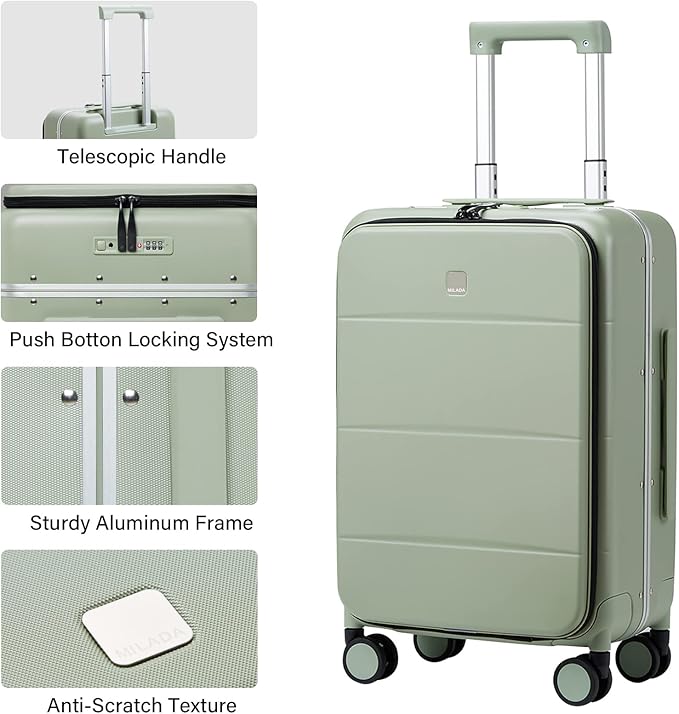 MILADA Carry On Luggage 22x14x9 Airline Approved Spinner Wheels TSA Luggage 20 Inch Hard Shell Suitcases Front Opening Pocket Rolling Aluminum Frame Travel Luggage, Bamboo Green