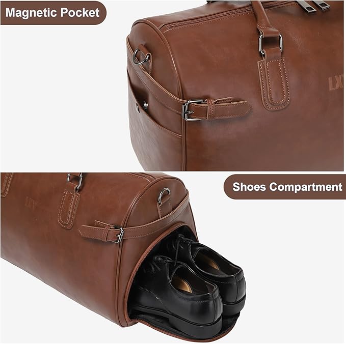Vegan Leather Duffle Bag, LXY Travel Duffle Weekender Bag with Shoe Compartment, Duffel Overnight Gym Bags for Women Men Brown