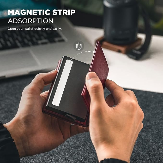 VULKIT Pop up Card Wallet Minimalist Cash Wallets RFID Blocking Leather Smart Credit Card Holder with ID window for Men(Wine)