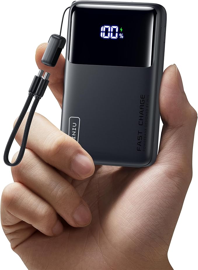 INIU Small Portable Charger, 45W PD Fast Charging 10000mAh Power Bank, Battery Pack with Attached USB C Cable, Travel Essentials Powerbank for iPhone 17 16 15 14 Pro Air, Xiaomi, Samsung S25 S24 etc