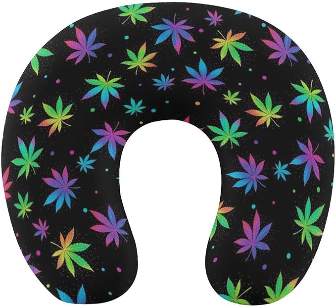 Funny Travel Neck Pillow Memory Foam U Shaped Cushion Colorful Neon Pot Leaf Weedleaf, Washable Cover for Men Women Teens Airplane Car Sleep