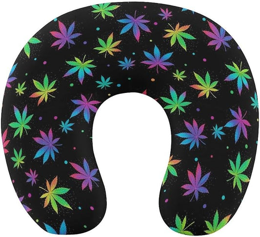 Funny Travel Neck Pillow Memory Foam U Shaped Cushion Colorful Neon Pot Leaf Weedleaf, Washable Cover for Men Women Teens Airplane Car Sleep