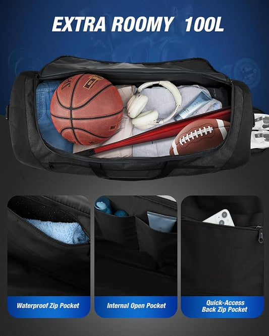 Gonex Gym Duffel Bag with Shoe Compartment Wet Pocket, Large Capacity Sports Duffle Bag for Men Women, Workout & Travel Bag with Multiple Pockets, Black, Large (100L)