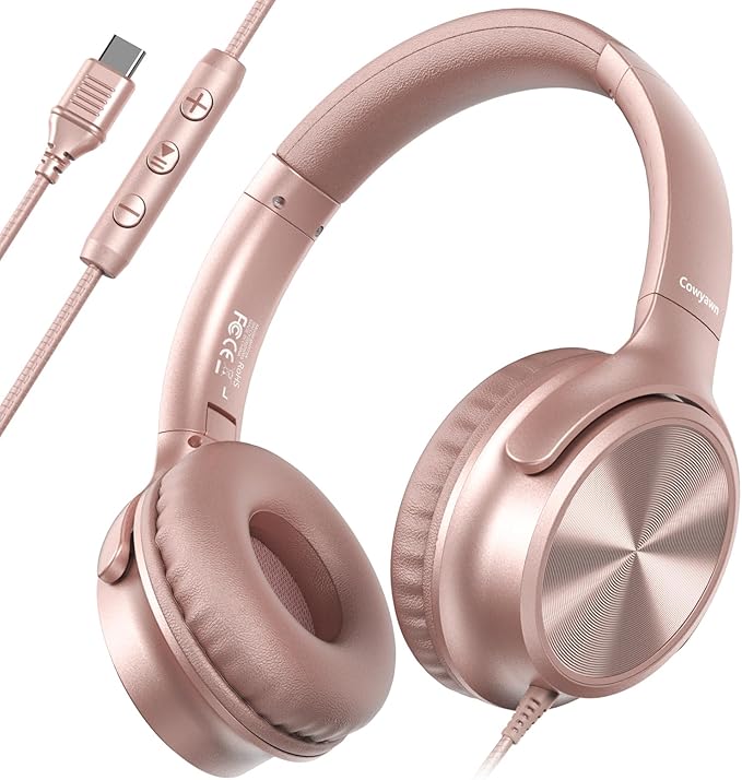 USB C Headphones Wired, Over Ear USB C Wired Headphones with Microphone, Volume Control, HD Stereo Sound, Foldable USB Type C Headphone for Adult/Teens/Laptop/Computer/iPhone 15/16 Series,Rose