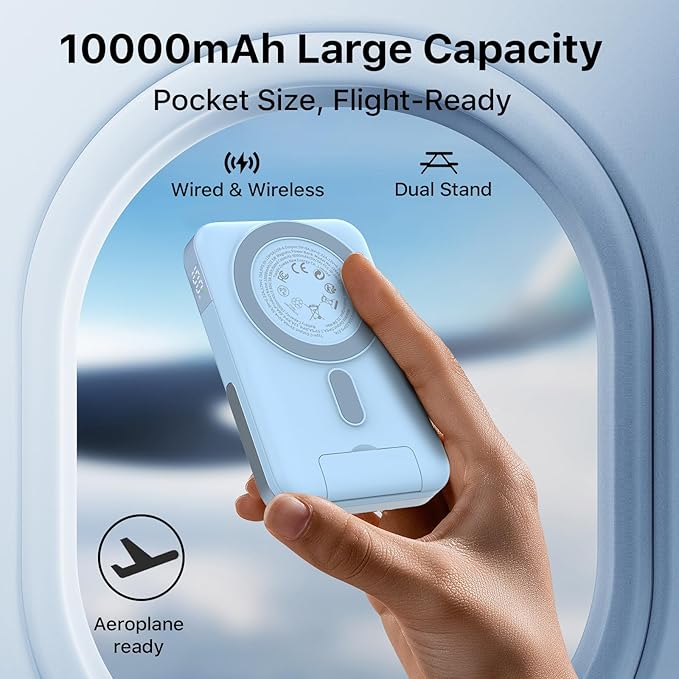 Magnetic Power Bank, 10000mAh Portable Charger, 22.5W Fast Wireless Battery Pack with LED Display, Portable Phone Charger with Stand for iPhone 17/16/15/14/13 Series (Blue)