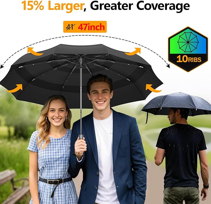 Umbrellas for Rain, 47" Large Windproof Travel Umbrella, Triple-Layer Vented Canopy, 10 Fiberglass Ribs, Auto Open Close Compact Umbrella, Wooden Handle, Heavy Duty for Commute, Gifts for Men & Women
