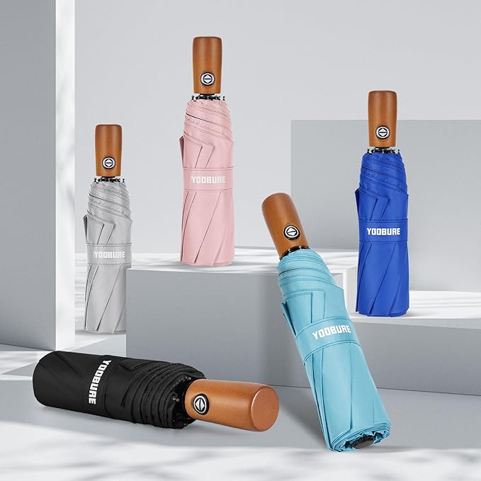 Yoobure Windproof Travel Umbrella with Wood Handle - Automatic Umbrellas for Rain & UV Sun Protection, Compact 46" Large Canopy, Lightweight Backpack Portable for Walking & Outdoor