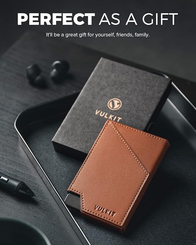 VULKIT Pop up Card Wallet RFID Blocking Slim Aluminum Metal Bank Card Holder Case with Business Money Pocket for Credit Cards Notes and Coins (Brown)