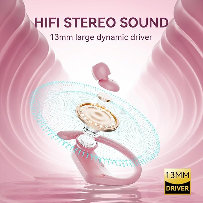 occiam Active Noise Cancelling Wireless Earbuds Bluetooth Headphones Ear Buds 96Hrs Playback Clear Call Waterproof Earphones with Ear Hook Microphones for Sport Running (Pink Standard)
