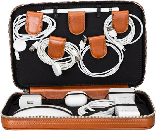 Medicine Handmade Leather Cable Organizer Bag – Full-Grain Leather Travel Tech Case for Cords, Chargers & Accessories – Zippered Storage for Men & Women (Tan)