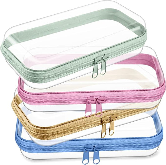 Hoolerry 4 Pcs Hard Clear Zipper Case Makeup Bags Plastic Pencil Pouch Transparent Storage Box Containers for Cosmetics, Snacks, Building Blocks, Puzzles(Soft Colors,7.5 x 3.9 x 2 in)