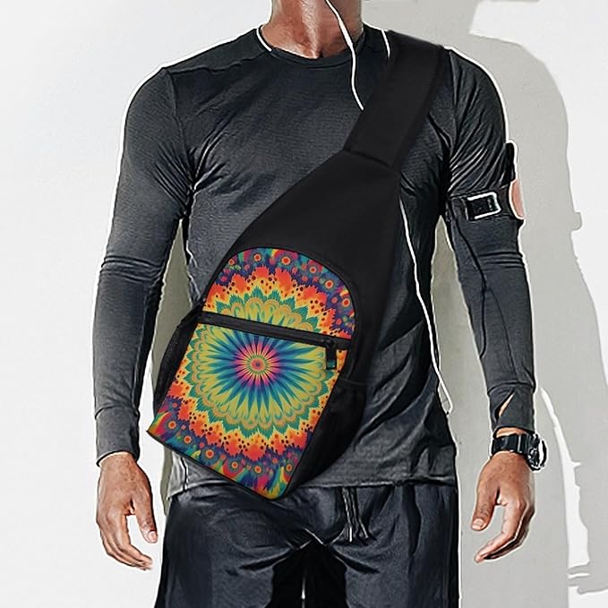 SWEET TANG Men and Women Sling Bag Chest Daypack, Trippy Tie Dye Mandala Colorful Shoulder Backpack Crossbody for Hiking Camping Running, Casual and Large Capacity Anti Theft Rucksack