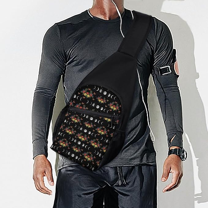 SWEET TANG Polyester Shoulder Sling Bag Multipurpose Casual Sport Daypack Unbalance Backpack with Small Pocket and Smooth Zipper, Moon Phase Floral