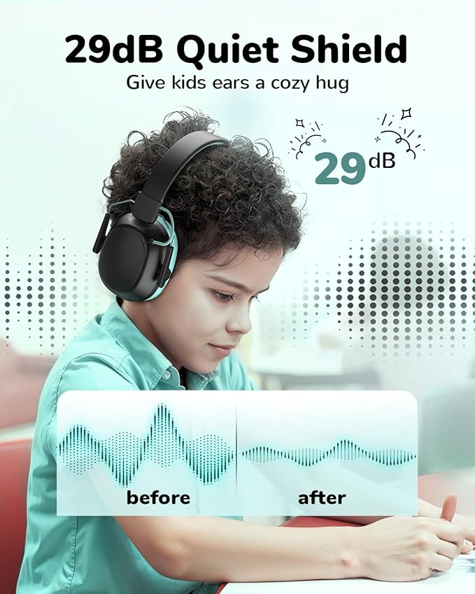 Kids Noise Cancelling Headphones, Sound Proof Ear Protection, 29dB SNR Noise Reduction Bluetooth 6.0 Earmuff, 94dB Lock - 80H Playtime, Hearing Protection for Autism, Shooting Gun Range(Black)