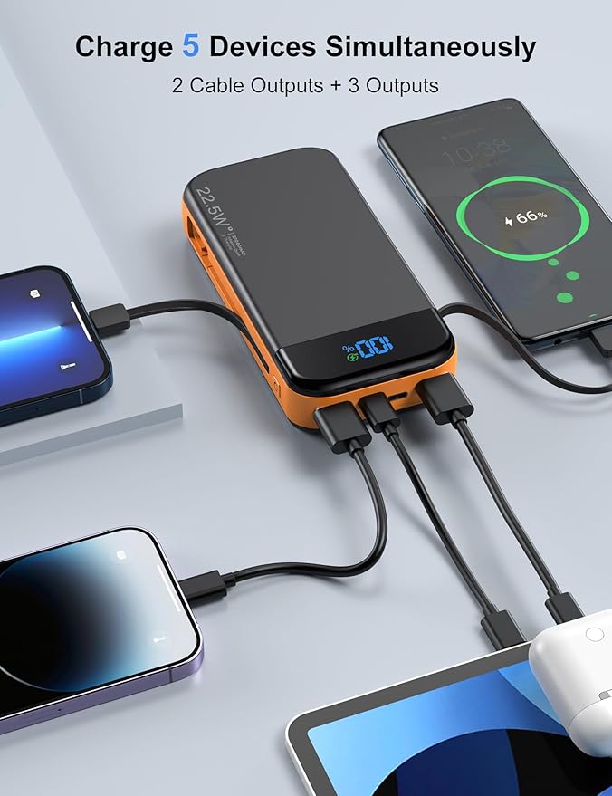 Portable Charger Power Bank Built-in Cables, 32000mAh 22.5W USB C Fast Charging, 5 Outputs 3 Inputs Travel Essentials Battery Pack Compatible with iPhone, iPad, Samsung, Google Pixel, Orange
