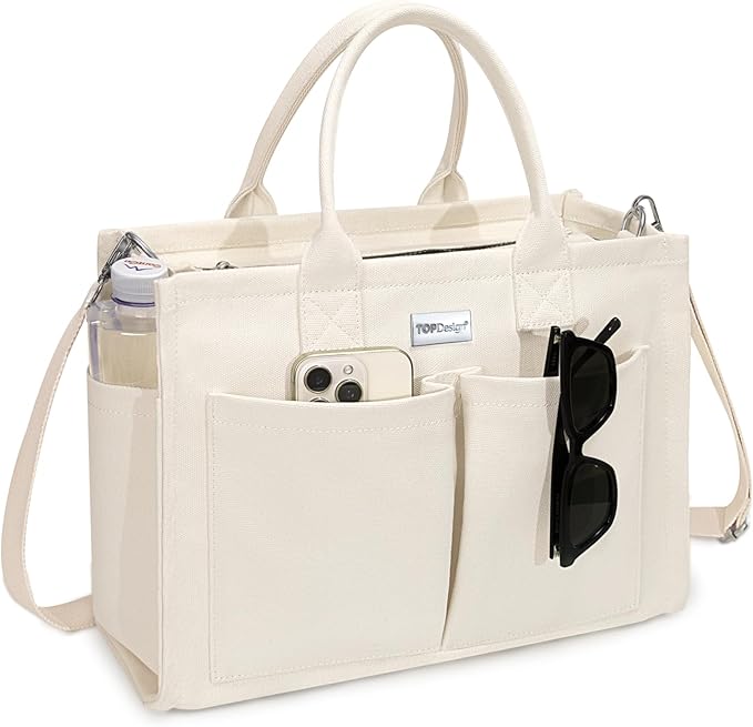TOPDesign Heavy-Duty Canvas Tote Bag for Women, Adjustable Crossbody/Shoulder Handbag with 9 Pockets, Everything Tote