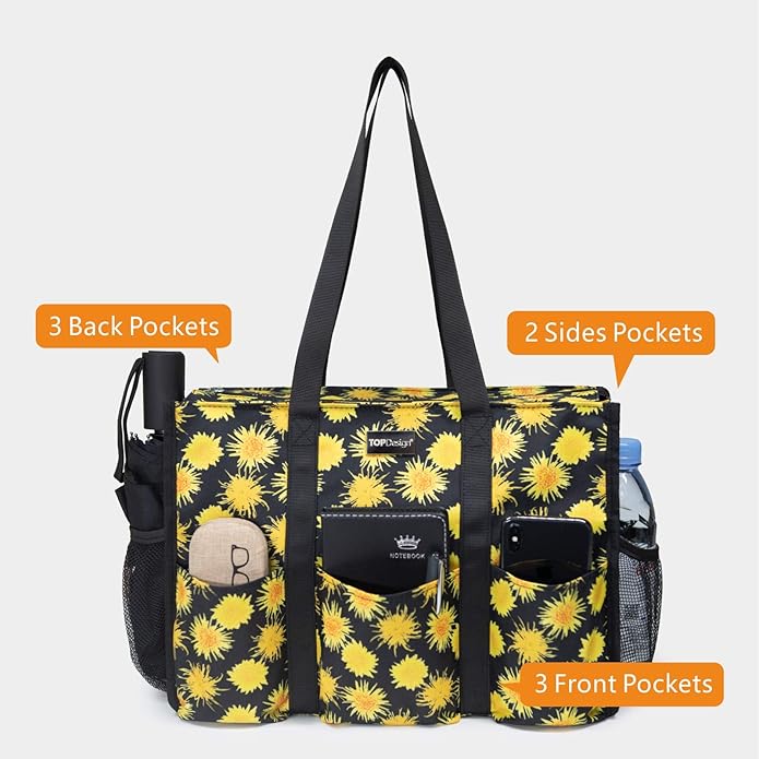TOPDesign Utility Water Resistant Tote Bag with 13 Pockets, Top Zipper Closure & Thick Bottom Support, for Working Women