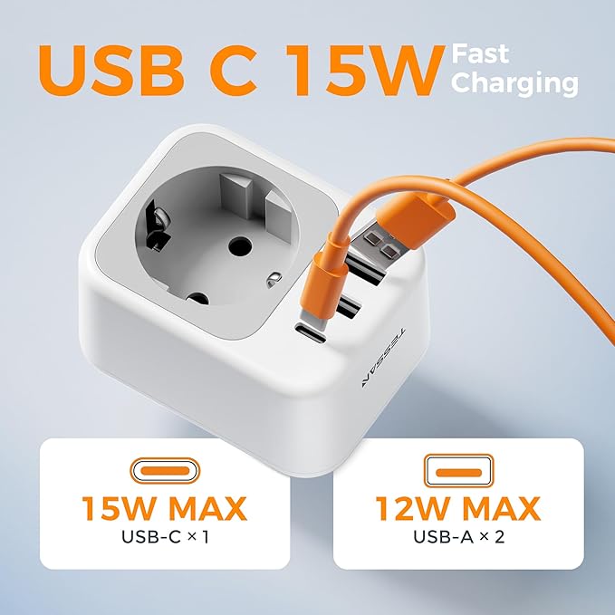 TESSAN EU to US Plug Adapter, European Travel Adaptor with 1 AC Outlet and 3 USB Ports(1 USB C), Most of Europe Germany France Korea Greece Type C/E/F Plugs to US Power Adapter