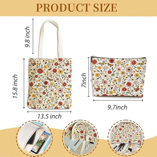 Flower Plant Lover Gifts for Women Canvas Tote Bag with Makeup Bag Cosmetic Bags Grocery Bags for Shopping Christmas