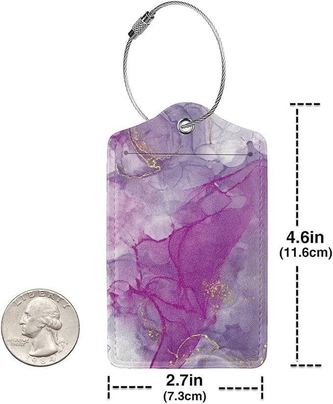 2 Pack Abstract Purple Luggage Tag for Suitcases Women, Art Painting Violet and Gold Marble PU Leather Airport Travel Bag Tags for Cruise Ships, Baggage Name Tags with with Full Back Privacy Cover