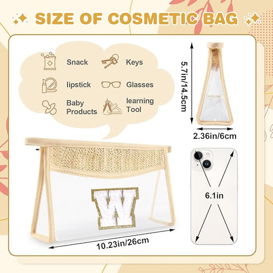 Personalized Initial Letter Bag Boho Straw Clear Makeup Bag,Small Cute Chenille Varsity Letter Bag With Zipper,Beach Travel Toiletry Bag,Portable Monogrammed Cosmetic Bag for Women Girls,W