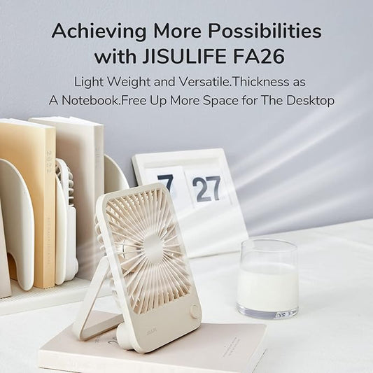 JISULIFE Small Desk Fan Battery Operated, 180° Foldable Portable Fan, 4 Speeds Adjustable Ultra Quiet for Home Office Travel Outdoor-Brown