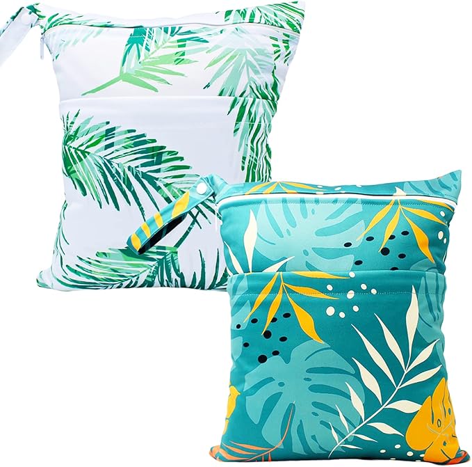 Wet Dry Bag Waterproof Reusable Wet Bag for Swimsuit, Travel, Beach, Pool, Bathing, Diapers, Dirty Yoga Gym Clothes Toiletries Daycare Organizer with Two Zippered Pockets (green leaf)